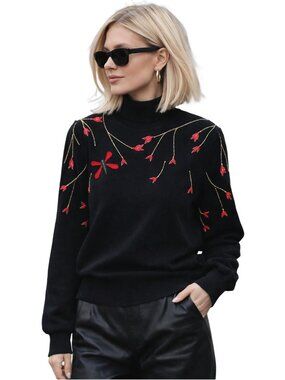 Vintage ST JOHN MARIE GRAY Dragonfly Embroidered Black Santana Knit Sweater Sz 8